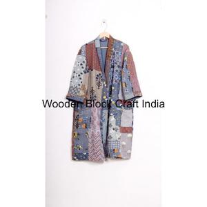 Vêtement de nuit long en coton biologique vintage pour femmes, robe kimono matelassée Kantha, fabrication artisanale, mode indienne pour les festivals, veste confortable - Product Image 1