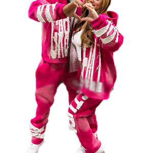 Ensembles de survêtements unisexes personnalisés avec broderie vieillie, sweats à capuche zippés et pantalons de jogging, style streetwear vintage délavé à l'acide - Product Image 5