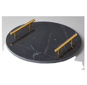 Plateau de service alimentaire en marbre naturel à 100%, forme ronde, couleur noire, avec poignée en métal, haute qualité, poli - Product Image 1