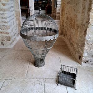 Magnificent Large rare Antique French Montgol Fere Hot air Balloon Wired Bird Cage with Bottom <b>Basket</b> <b>Hanging</b> Bird Wire Lantern - Product Image 4