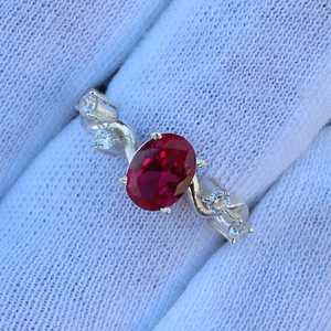 Bague ovale en rubis de laboratoire, argent sterling, accents en CZ, faite à la main, élégante, tendance, pour femmes - Product Image 5