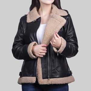 Veste en cuir d'agneau synthétique noir pour femme de qualité supérieure 2026, respirante, personnalisée, veste aviateur, col en fourrure - Product Image 1