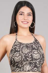 Chemise en coton noir à motifs floraux faits à la main, sans manches, dos nu, col rond, taille unique, style simple pour un usage quotidien - Product Image 2