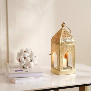 Elegant Gold Metal <b>Lantern</b> with Glass Panels Intricate <b>Moroccan</b> Cut Dome Design Hanging Hook Warm Candle Glow for Home Decor - Product Image 3