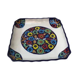 Blue Pottery Hand Painted Ceramic Square Serving Tray, Best Quality Blue Pottery Serving Trays, Wholesale Serving Plate