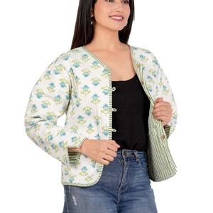 แจ็คเก็ตผ้าคอตตอนบุสองด้านสำหรับฤดูใบไม้ร่วงฤดูหนาวของผู้หญิงเสื้อโค้ทขนเป็ดแบบลำลองพิมพ์ลายดอกไม้ - Product Image 1