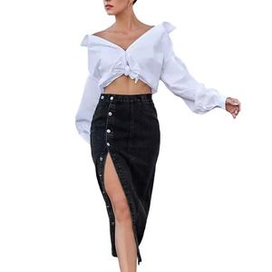 กระโปรงยีนส์ผู้หญิงลายปักแบบดิสเทรส ดีไซน์วินเทจ ทรงหลวม สไตล์สตรีทแวร์ พร้อมกระดุม  สำหรับฤดูใบไม้ร่วง - Product Image 4