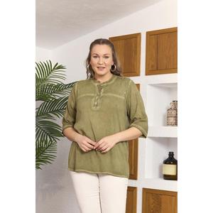 Blusa de Viscosa Color Caqui Talla Grande RMG con Detalle de Cuello con Lentejuelas para Mujer - Blusa de Verano Tejida Cómoda - Product Image 3