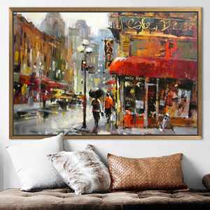 Impresión en lienzo de arte moderno, póster de paisaje urbano abstracto de día lluvioso, 1P: con marco dorado - Product Image 1