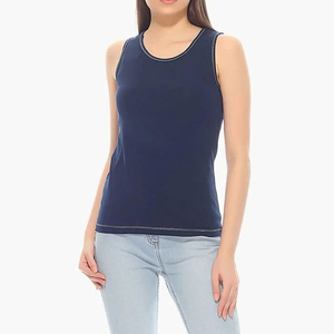 Débardeur tricoté à col rond pour femme, couleur unie, respirant, décontracté, sans manches, longueur normale, bleu marine - Product Image 1