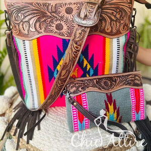 Venta al por mayor a mano de cuero de sillín manta borla bolso elegante tallado a mano de cuero de sillín manta cartera mujeres Combo Set - Product Image 1