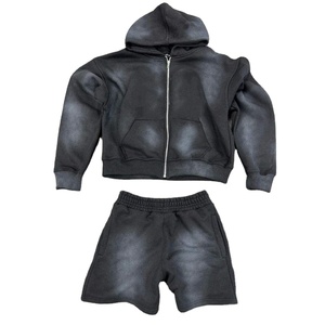 Haut à la mode de haute qualité personnalisé coton fermeture éclair jusqu'à acide lavage à capuche et short ensemble uni pour les hommes hiver saison prix de gros - Product Image 2