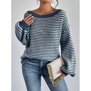 Pull en tricot ample à épaules tombantes rayé pour femme, style coréen décontracté - Product Image 5