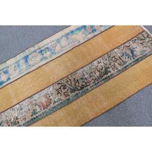 2.5x4.4 ft Rug, Vintage Turkish Rug, <b>Yellow</b> Check <b>Wool</b> Rug - Product Image 4