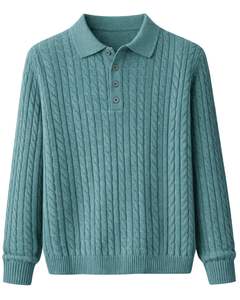 Suéter Polo de Punto Trenzado Vertical para Hombre, Manga Larga, Cuello con Botones, Suave, para Invierno, Color Azul Verde Azulado, Venta al por Mayor - Product Image 1