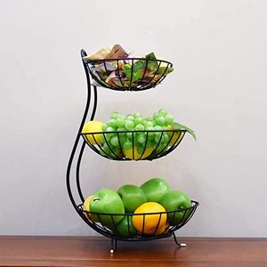 Modern Eco-Friendly Home Kitchen <b>Storage</b> 3-Tier Black Powder Coated Metal <b>Wire</b> Vegetable Fruit <b>Basket</b> - Product Image 2