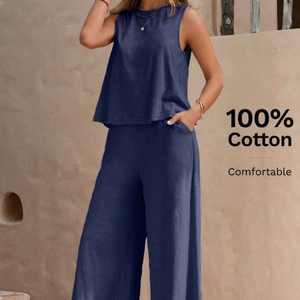 เสื้อแขนกุดทรงหลวม2ชิ้นสำหรับผู้หญิงชุดเสื้อผ้าใส่สบายเนื้อผ้าถักสีล้วนแขนกุดและกางเกงขายาวขากว้าง - Product Image 3