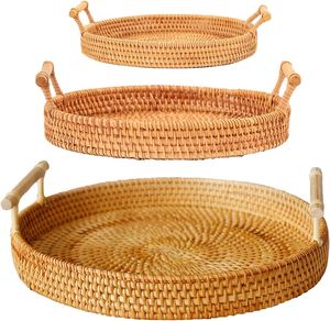 Ensemble de 3 plateaux de service ronds en rotin tressé à la main, écologiques, décoratifs, avec poignée, pour la maison, l'hôtel, recyclables, durables - Product Image 1