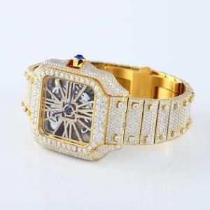 Gold Tone Stainless Steel Luxury Quartz <b>Watch</b> Square Roman Numerals Dial Moissanite Diamond Studs for Men <b>Women</b> Fashion/Business - Product Image 3