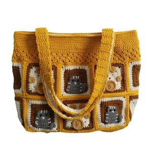 ACki Handmade Creative CottonCrocheted Women's Bag New Brown Kitten Cartoon Design Fashionable <b>Square</b> Shoulder Zipper Closure - Product Image 5