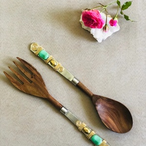 Juego de servidor de ensalada de madera de acacia hecho a mano con mango de acero inoxidable para utensilios de cocina para servir Pasta - Product Image 2