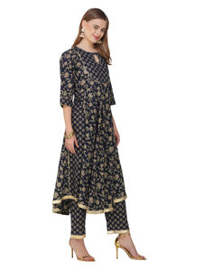 Ensemble Anarkali Kurta à imprimé floral bleu marine pour femmes Palazzo à manches 3/4 en coton pour les fêtes d'été et d'hiver - Product Image 5