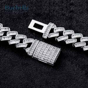 Men's 925 <b>Silver</b> 14K Gold Plated 14mm Moissanite Diamond Iced Prong Baguette Cut Cuban <b>Chain</b> <b>Box</b> Clasp Necklace Gift for Him - Product Image 4