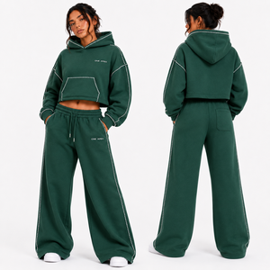 ONEAPEX SPORTS WEAR Women's Emerald Green Rhinestone Cropped Hoodie Tracksuit Premium Heavyweight Cotton <b>Wide</b> <b>Leg</b> Streetwear - Product Image 2