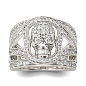 Jeulia Gold Plated Sterling Silver <b>Skull</b> <b>Ring</b> with Round Cut Moissanite - Product Image 1