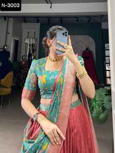 Ropa tradicional india Fancy Tussar Silk con estampado floral con lámina de trabajo Lehenga Blusa y estampado floral Foil Work Dupatta - Product Image 6