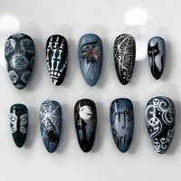 NBL-JX-219 Uñas Postizas 3D con Diseño de Telaraña, Calavera y Fantasma de Halloween, Reutilizables, Cobertura Completa, 30 Piezas