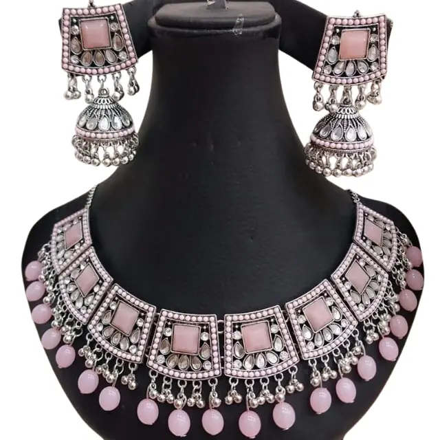 Latest Indian Pakistan Wedding Jewelry Antique Silver Plated Imitation Pearl Stone Necklace With Earrings Women's Jewellery Sets