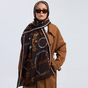 Elegant Long Casual Silk Wool Blend Shawl with Hand Rolled Hem Luxury Equestrian Chain & Leather Belt Motif Floral <b>Pashmina</b> - Product Image 1