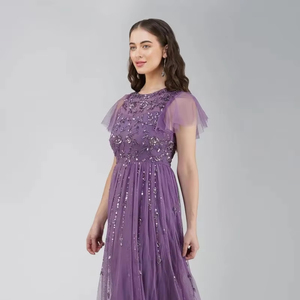 Robe vintage élégante à col en O, motif de perles à paillettes antistatique, robe de bal à manches longues, tissu en maille pour cérémonie - Product Image 1