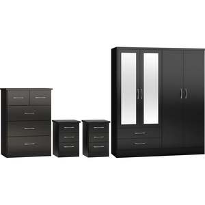 Modern 4 Piece <strong>Bedroom</strong> Sets <strong>Black</strong> <strong>Gloss</strong> Wardrobe Bedside Tables Storage Chest Strong Durable <strong>Furniture</strong> with Mirror - Product Image 2