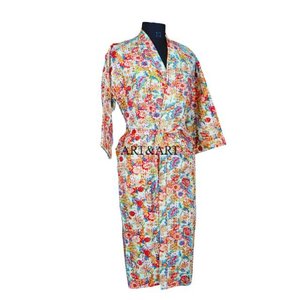 Vente en gros de robes de nuit kimono longues à manches longues en coton indien fait main, respirantes, à motifs floraux, pour femmes, pour l'été - Product Image 5