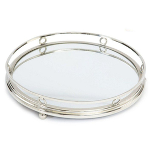 Plateau de rangement rond moderne en argent miroir, plateau décoratif géométrique en métal nickel poli pour la décoration de la maison et les événements, en vente - Product Image 1