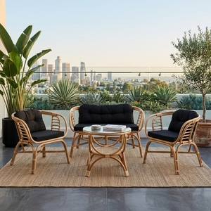 Natural Polished <b>Rattan</b> Garden Furniture Set <b>Sofa</b> Armchairs Glass Coffee Table Black Cushion Patio Setup Room Decor Art Design - Product Image 5