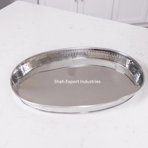 Handmade Silver Decorative <b>Tray</b> Hammered Design Metal Serving <b>Tray</b> with Oval Shape for Snacks <b>Drinks</b> Home or Wedding Decor - Product Image 1