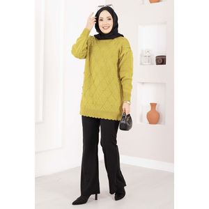 Pull en tricot décontracté pour fille avec pompons, motif Baklava, vert olive, respirant pour l'automne-hiver, logo frontal, boutons - Product Image 3
