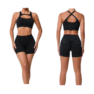 Ensemble 2 pièces Dynamic Gym Set pour femmes Soutien-gorge de sport respirant et solide Fitness Top Scrunch Shorts Backless Yoga Outfits for Workout - Product Image 3