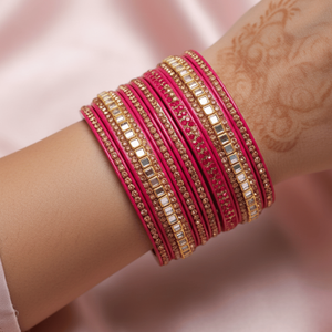 Rose Pink <b>Mirror</b>-Studded Lac Fashion Bangle Set of 8 - Product Image 2