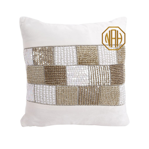 <b>Velvet</b> <b>Cushion</b> <b>Cover</b> Cream and Brown Embellished Square Pillow Handmade Accent Case Factory Direct Export Custom Wholesale Decor - Product Image 1