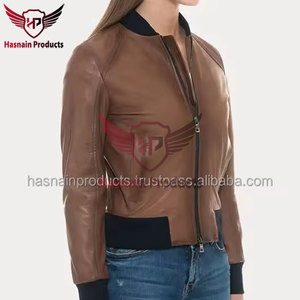 <b>Womens</b> Real Brown Leather <b>Jacket</b> Black Ribbed Collar Sheepskin Contrast Hem <b>Zip</b> <b>Up</b> Bomber Coat Custom Winter Warm Outerwear - Product Image 3