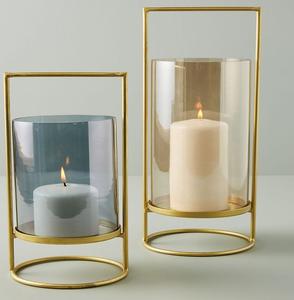 Juego de Portavelas de Cristal y Metal Dorado de Lujo, Centro de Mesa Moderno para Bodas, Decoración para Interiores y Exteriores, Artículos para el Hogar al por Mayor - Product Image 1