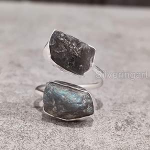 Bague pour femme en labradorite naturelle, double pierre, réglable, bijoux faits à la main, bague en argent sterling 925 - Product Image 4