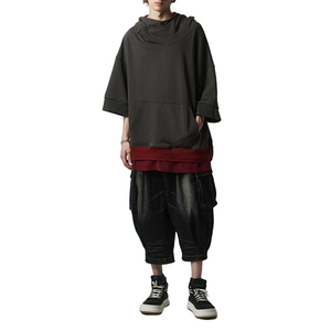 เสื้อฮู้ดคอเต่าแบบสั่งทำคุณภาพสูง สีตัดต่อ แขนสั้น ทรงหลวม ผ้าฝ้าย โอเวอร์ไซส์ สำหรับผู้ชาย - Product Image 1