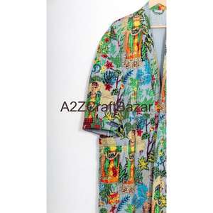 Bata de mujer hecha a mano de algodón 100% no tejido con estampado floral, cuello en V, cordón ajustable, manga tres cuartos, suave, transpirable y de secado rápido para primavera. - Product Image 3