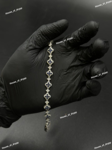 Silver Floral Link <b>Bracelet</b> With Blue <b>Moissanite</b> Diamond Look Stones Iced Out Design Elegant Chain Jewelry For Women Party Wear - Product Image 6