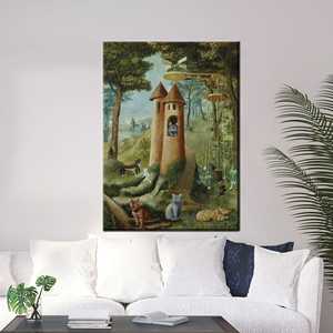 Lienzo Decorativo con Diseño de Torre de Gatos de Fantasía: Impresión de Bosque de Cuentos de Hadas, Enmarcado en Lienzo - Product Image 1